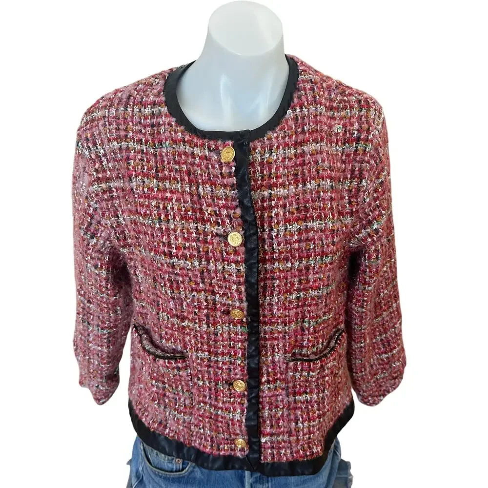 English Factory Pink Tweed Blazer LARGE Boxy Boucle Faux Leather Clueless $210 - Picture 4 of 10